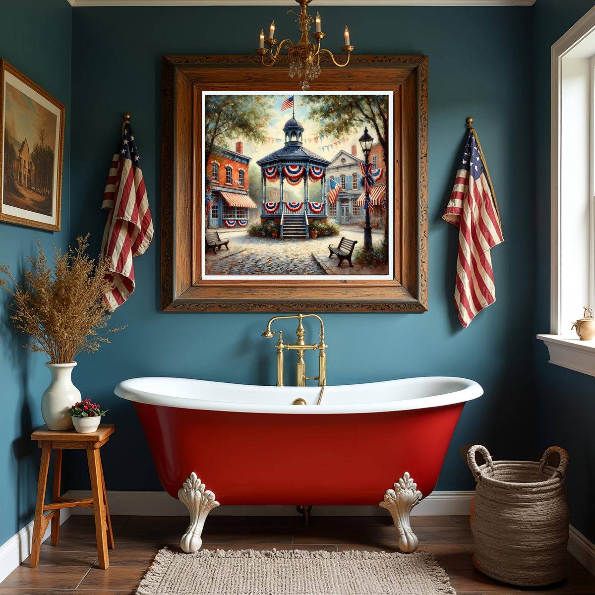 Patriotic Town Square Gazebo Vintage Art Print: Americana Decor (Digital Download)