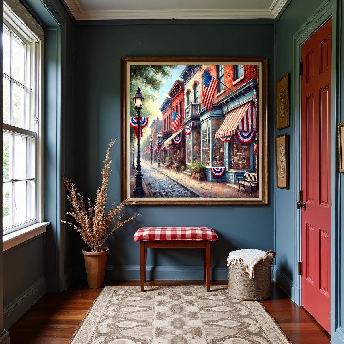Patriotic Town Street Scene: Vintage Americana Wall Art (Digital Download, 30x30in Max Print Size)