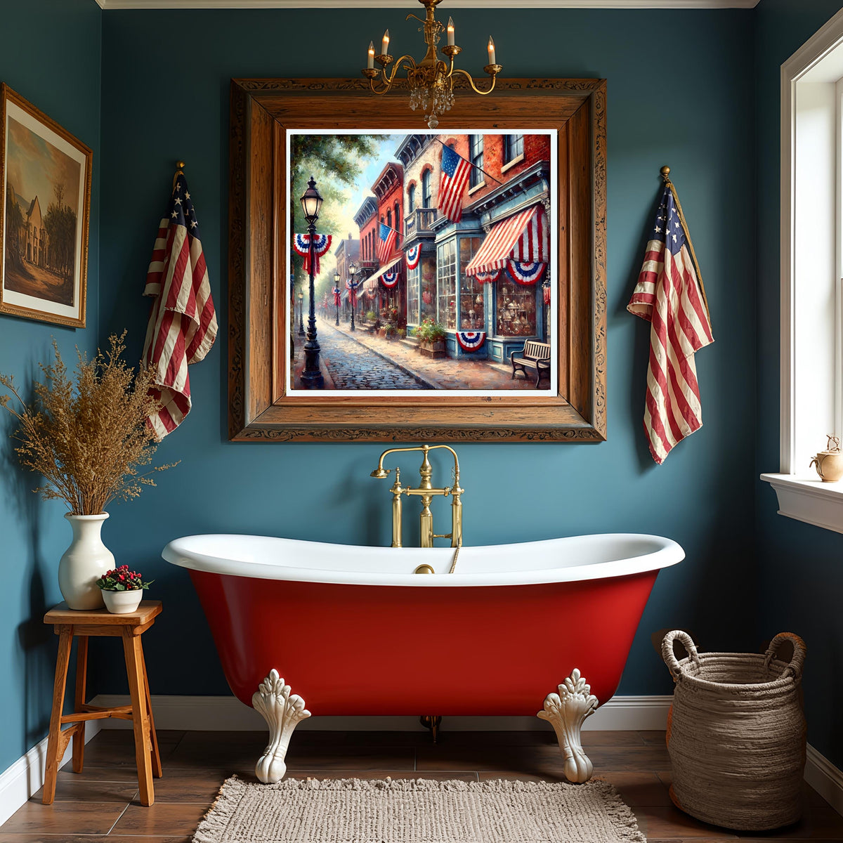 Patriotic Town Street Scene: Vintage Americana Wall Art (Digital Download, 30x30in Max Print Size)