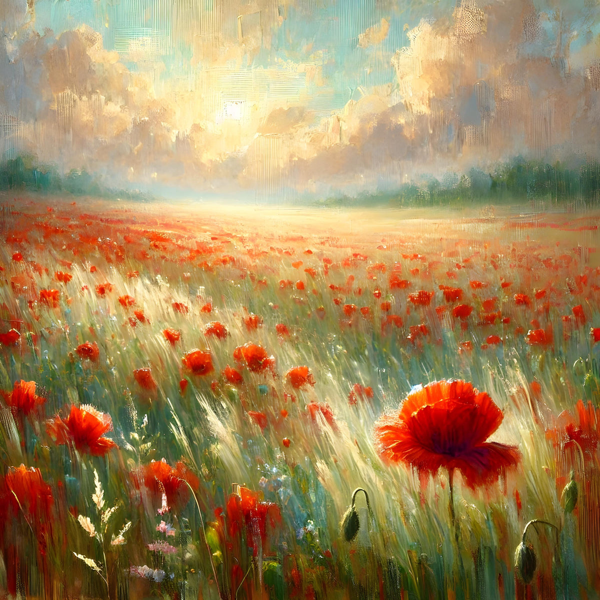 Red Poppy Field Print: Painterly Floral Landscape (Digital Download, 30x30 inches