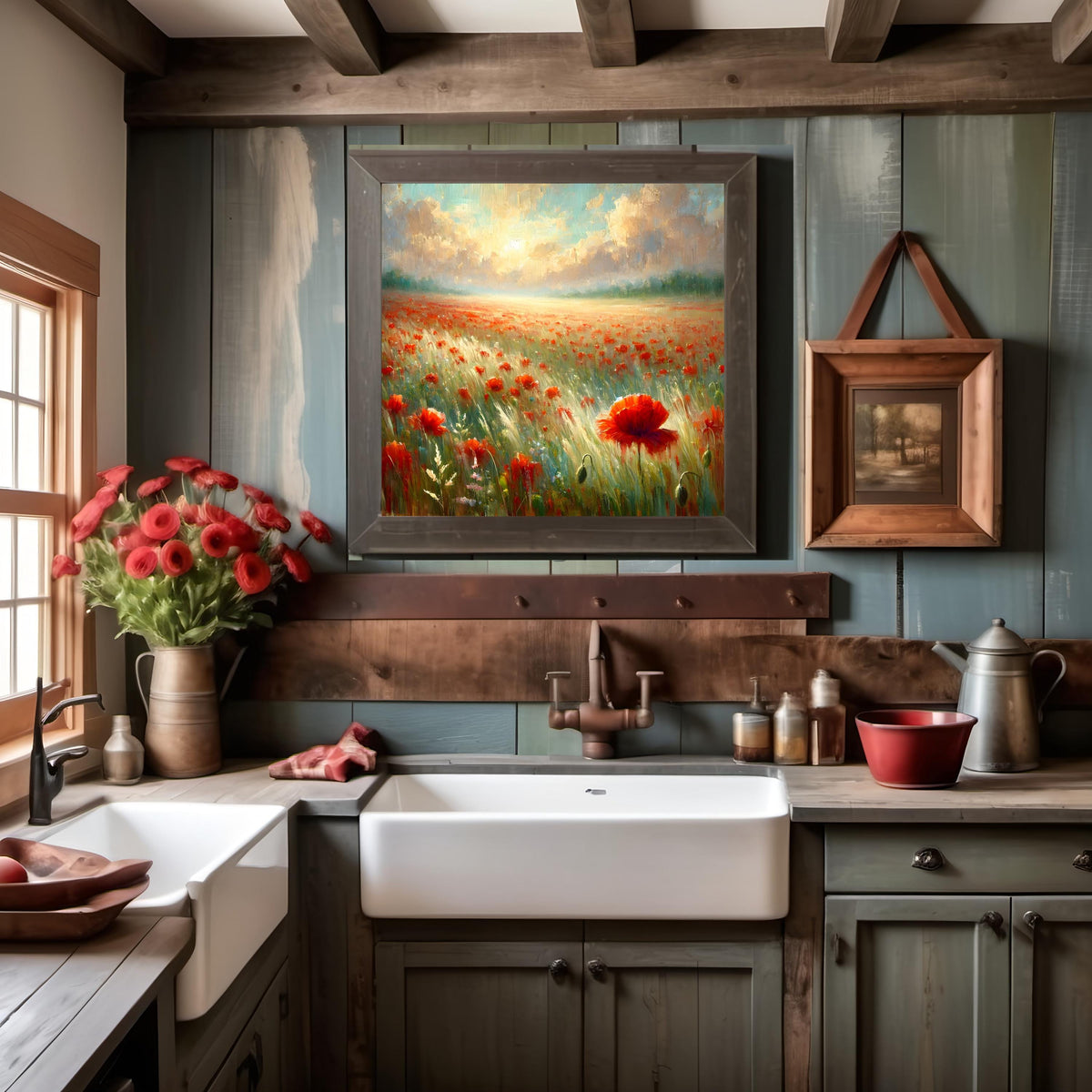 Red Poppy Field Print: Painterly Floral Landscape (Digital Download, 30x30 inches
