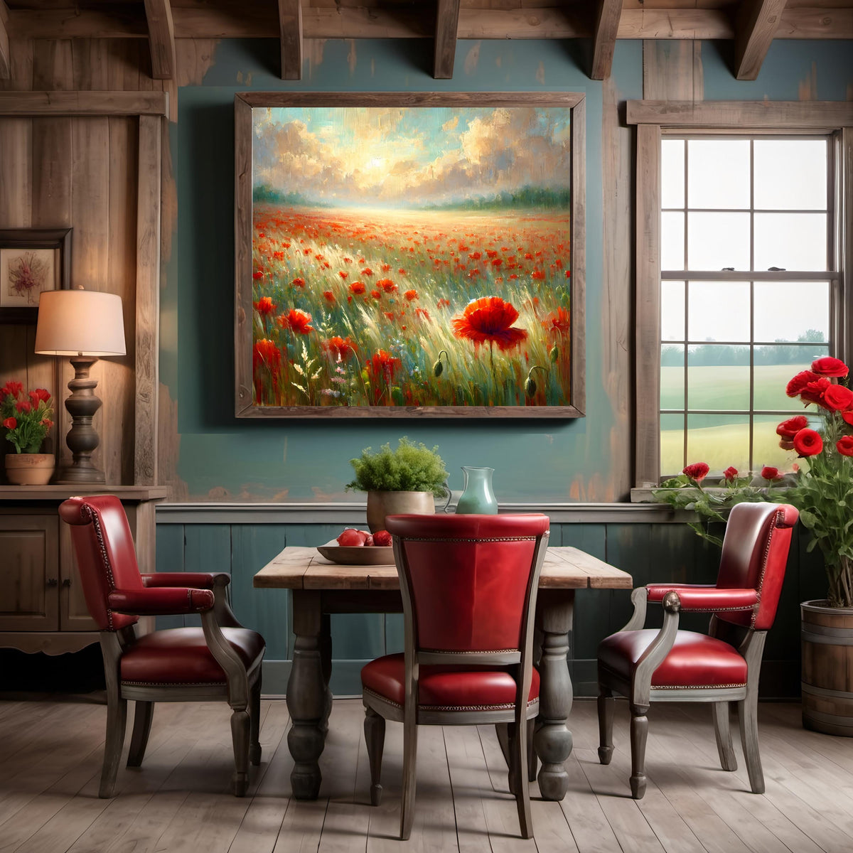 Red Poppy Field Print: Painterly Floral Landscape (Digital Download, 30x30 inches