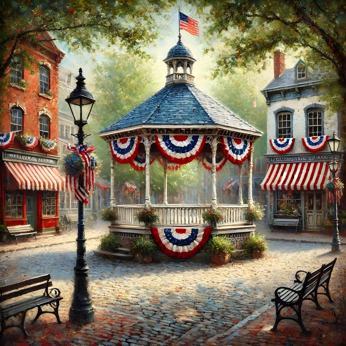Patriotic Town Gazebo Print: Vintage Americana Wall Art (Digital Download)