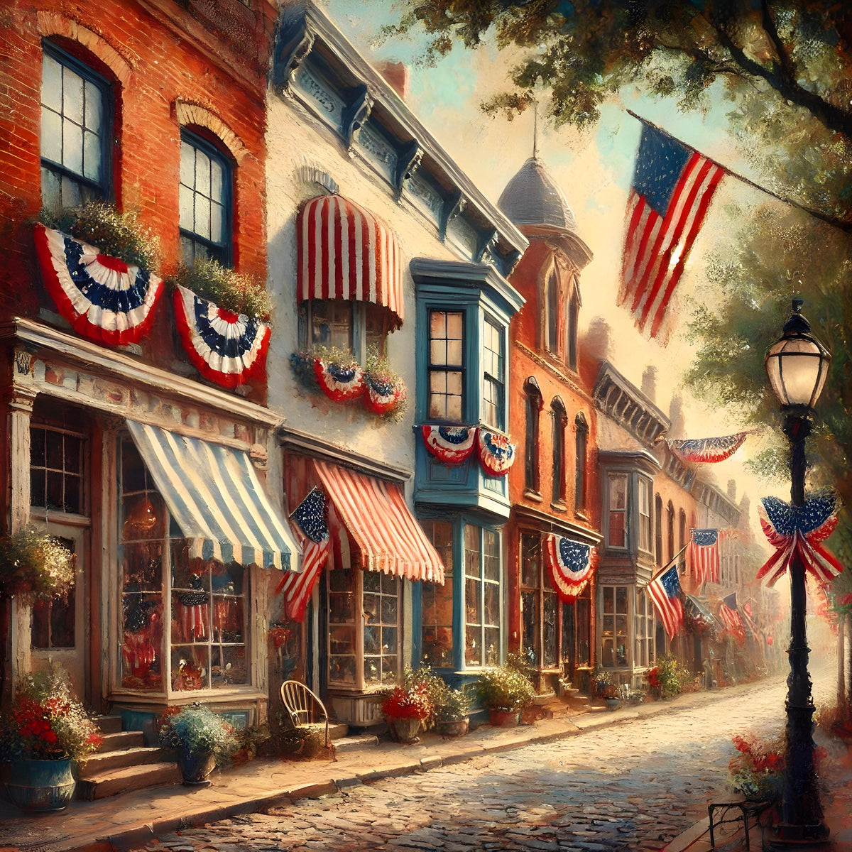 Patriotic Town Street Scene: Vintage Americana Wall Art (Digital Download)