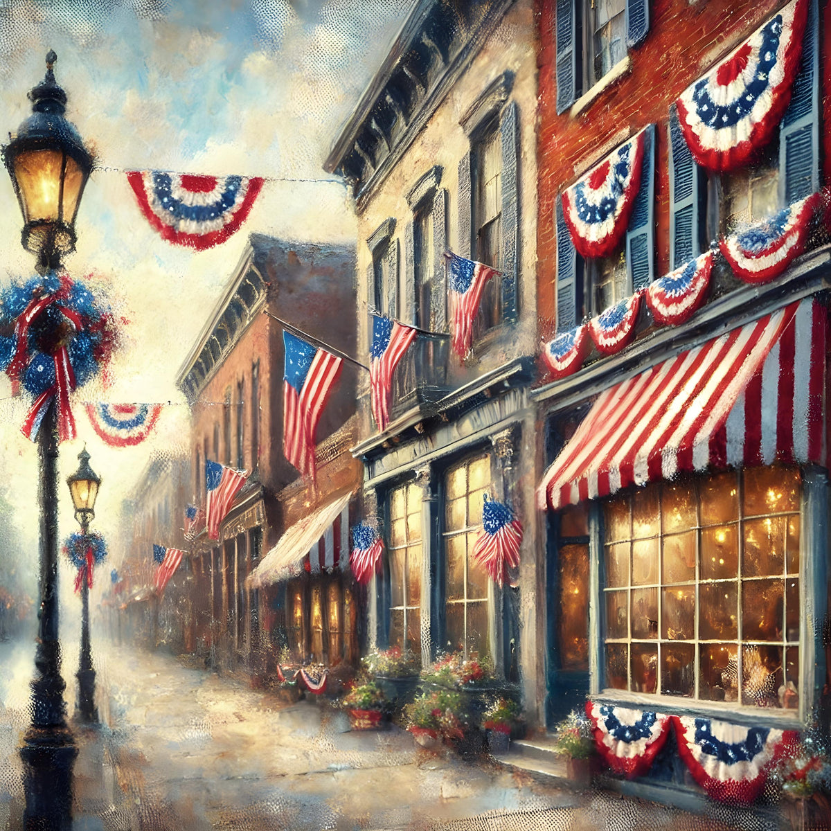 Vintage Americana Town Street Scene: Patriotic Digital Wall Art (4096x4096 pixels)