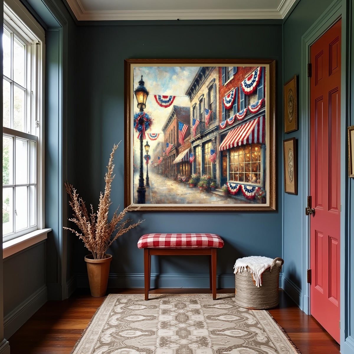 Vintage Americana Town Street Scene: Patriotic Digital Wall Art (4096x4096 pixels)