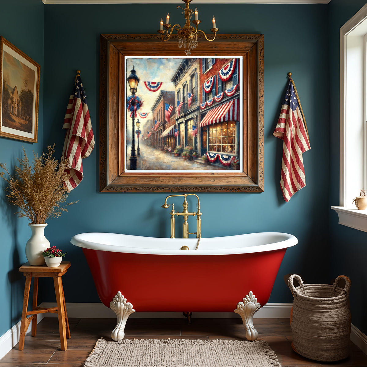 Vintage Americana Town Street Scene: Patriotic Digital Wall Art (4096x4096 pixels)