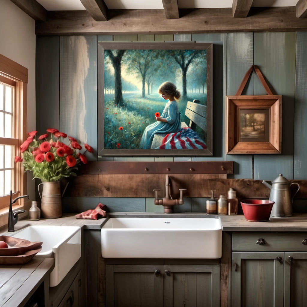 Girl with Poppy Art Print: Impressionist Memorial Day Decor (Digital Download