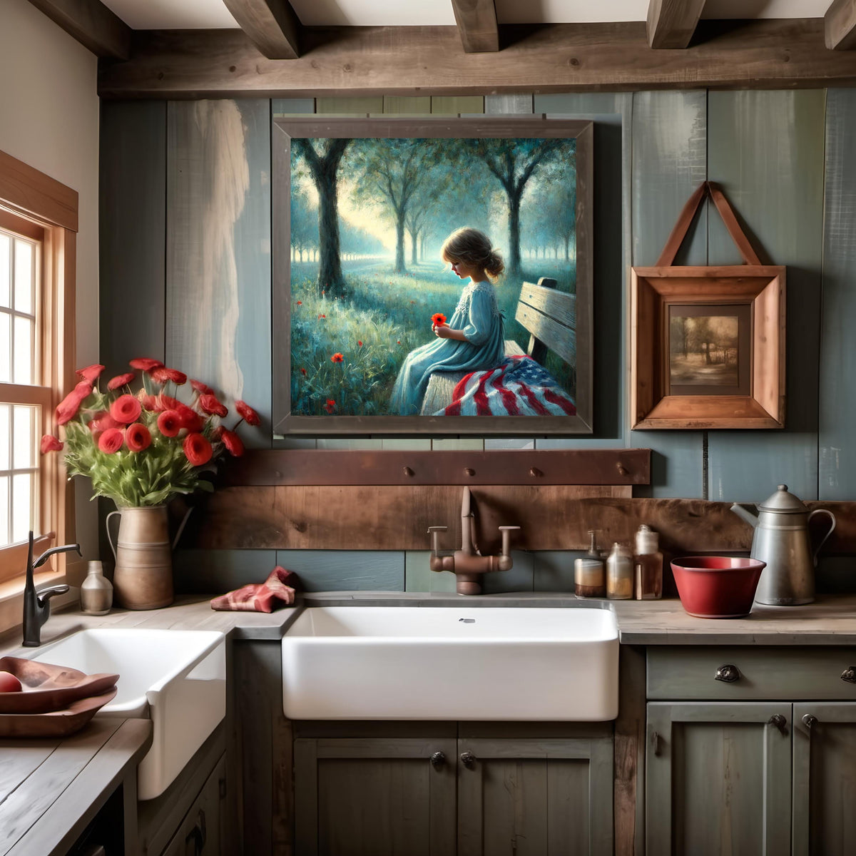Girl with Poppy Art Print: Impressionist Memorial Day Decor (Digital Download