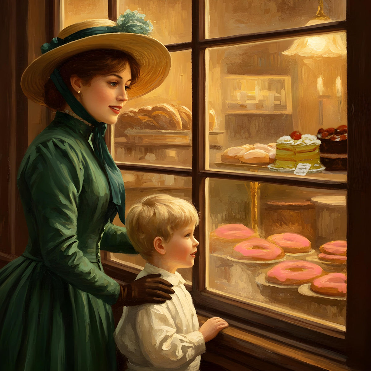 Victorian Bakery Window Art: Mother and Son Vintage Scene (Digital Download)