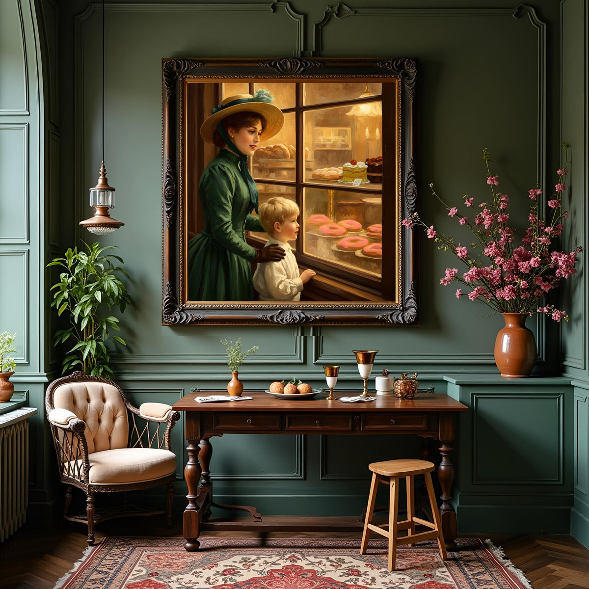 Victorian Bakery Window Art: Mother and Son Vintage Scene (Digital Download)