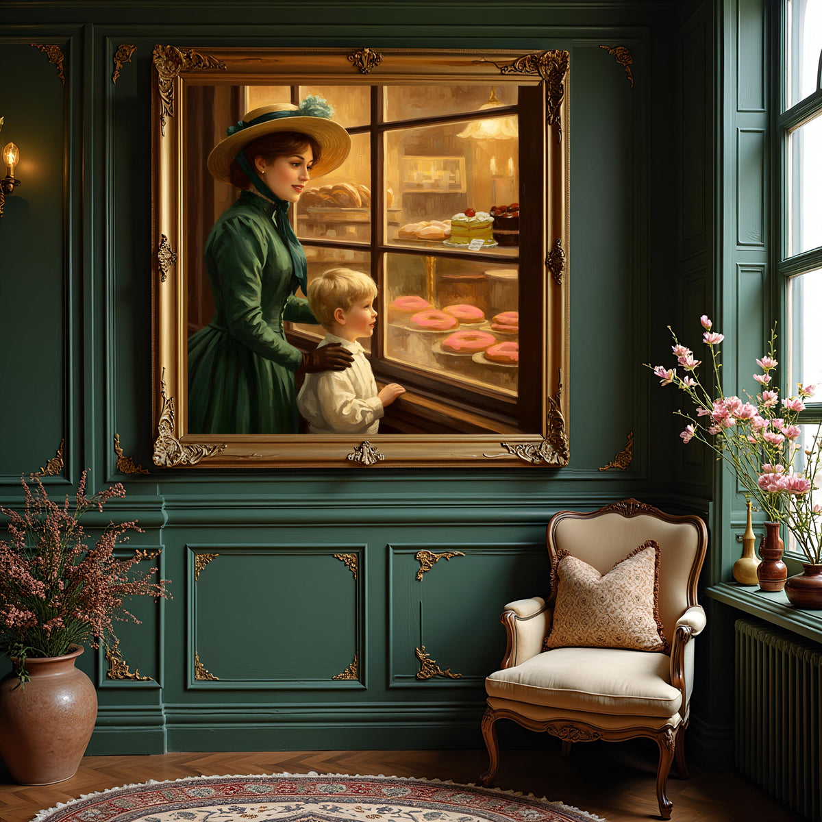 Victorian Bakery Window Art: Mother and Son Vintage Scene (Digital Download)