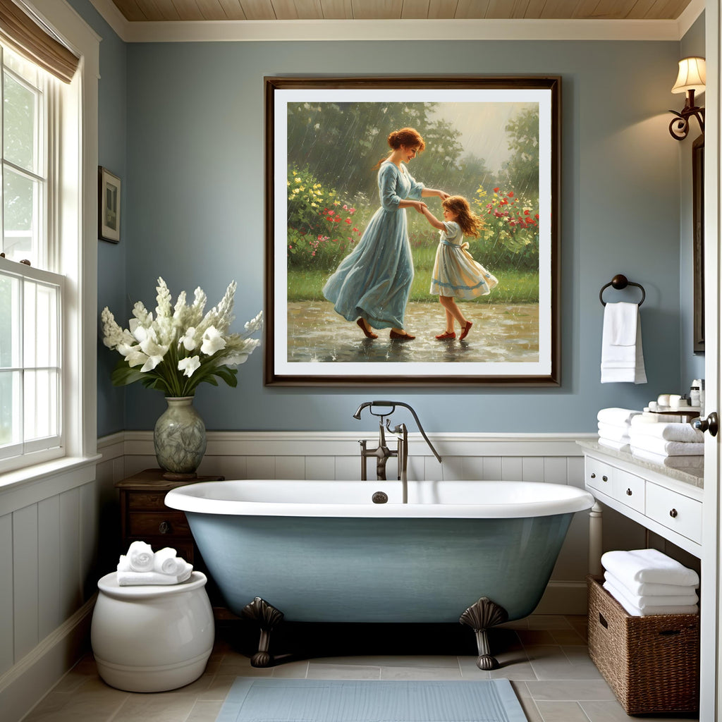 Mother & Daughter Dancing in Rain Art Print: Whimsical Garden Scene (Digital Download)