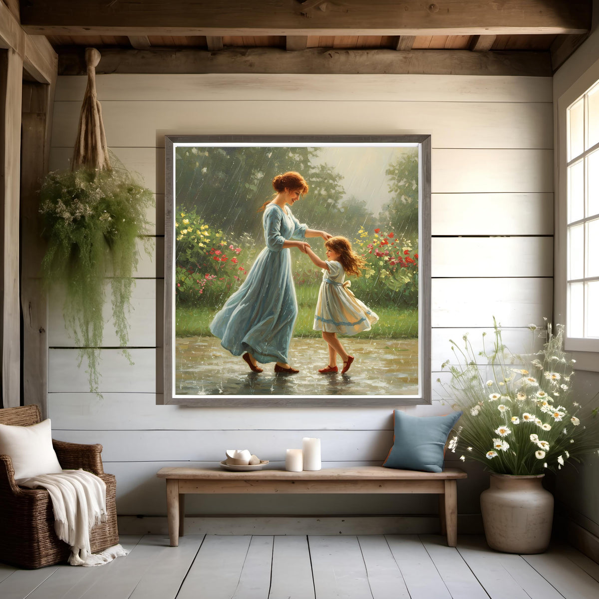 Mother & Daughter Dancing in Rain Art Print: Whimsical Garden Scene (Digital Download)
