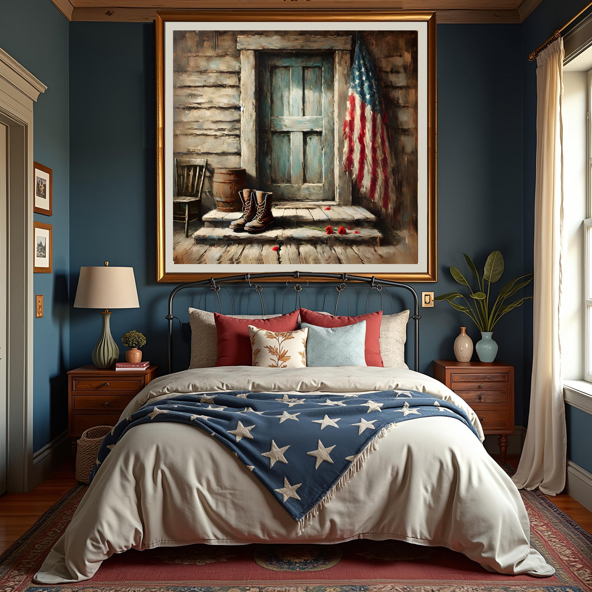 Rustic Memorial Day Porch Print: Boots & American Flag (Digital Download)