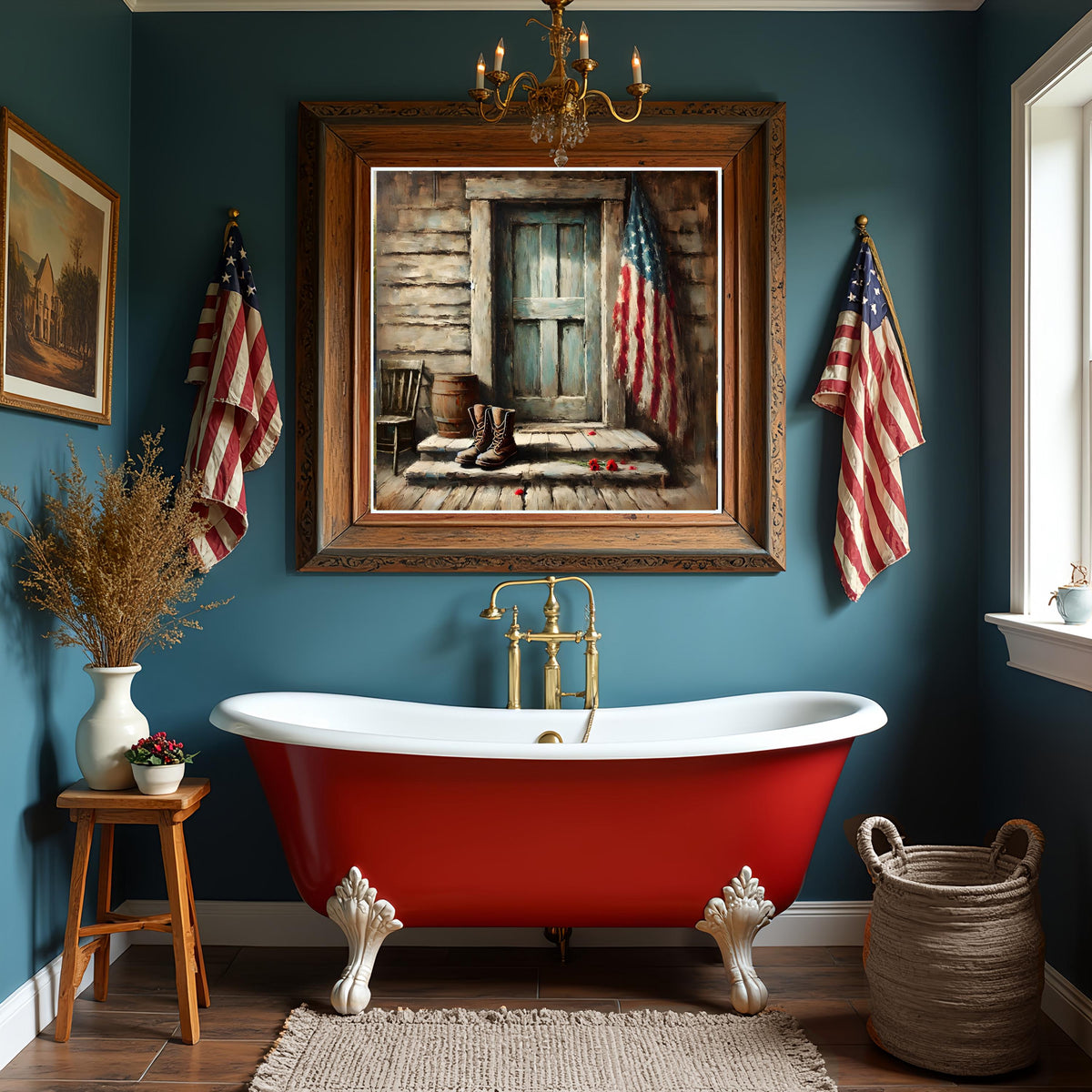 Rustic Memorial Day Porch Print: Boots & American Flag (Digital Download)