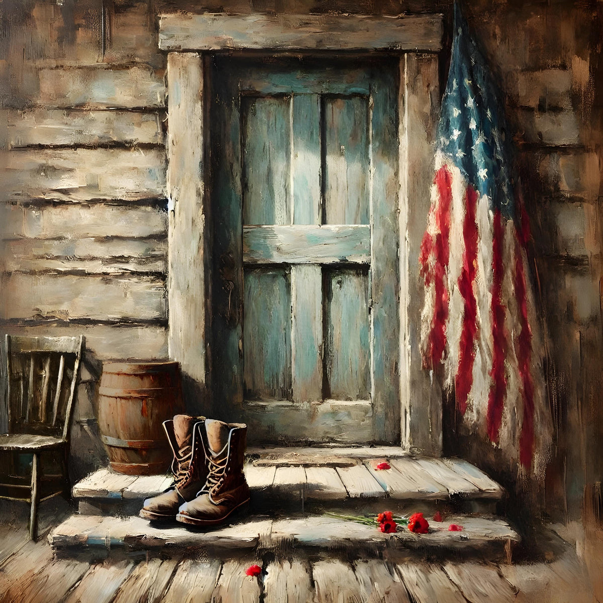 Rustic Memorial Day Porch Print: Boots & American Flag (Digital Download)
