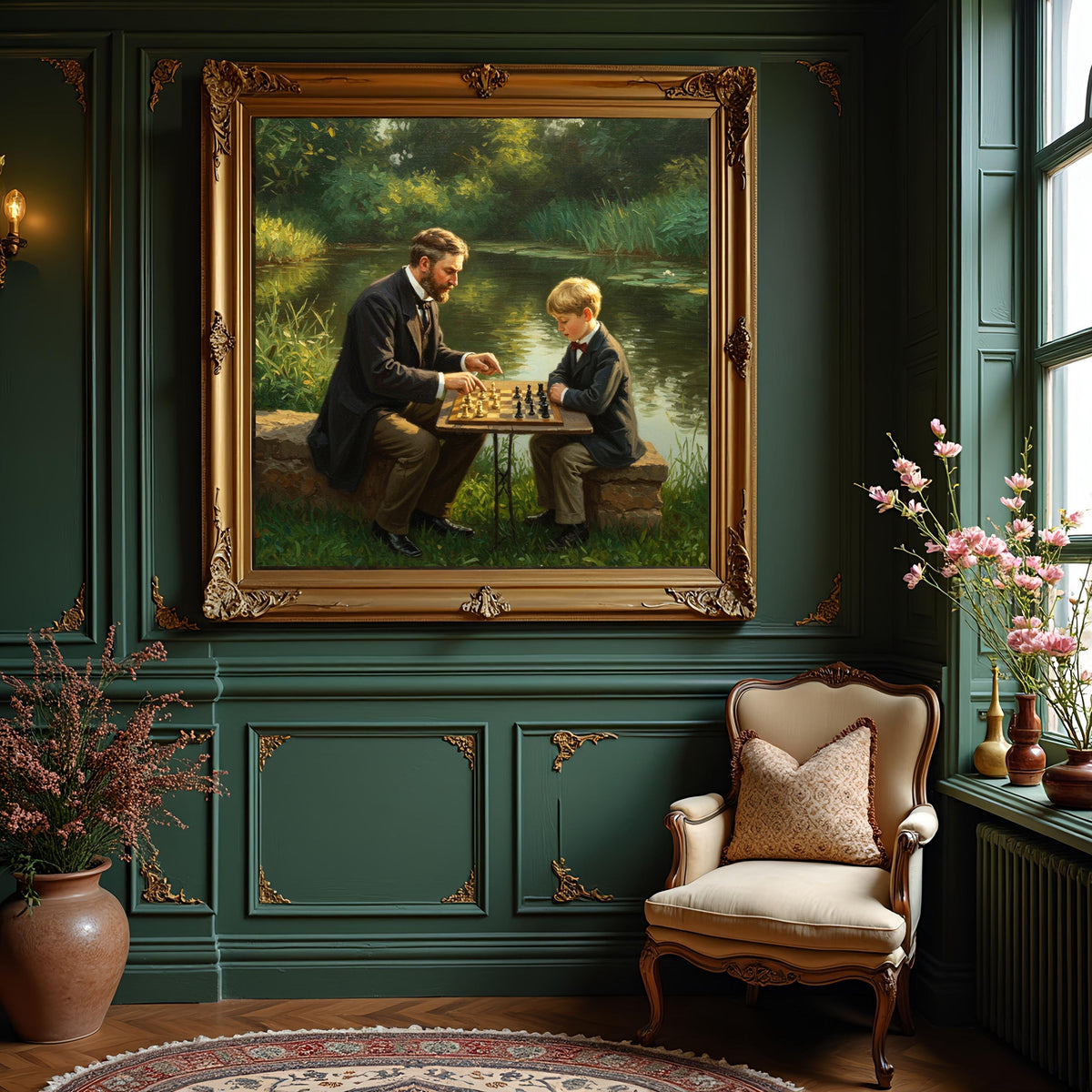 Father and Son Chess Print: Vintage Riverside Scene (Digital Download)