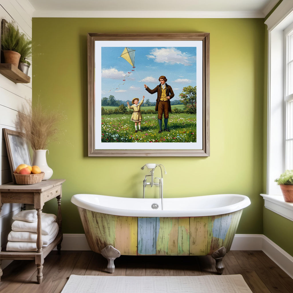 Father and Daughter Kite Print: Vintage Spring Meadow Scene (Digital Download)