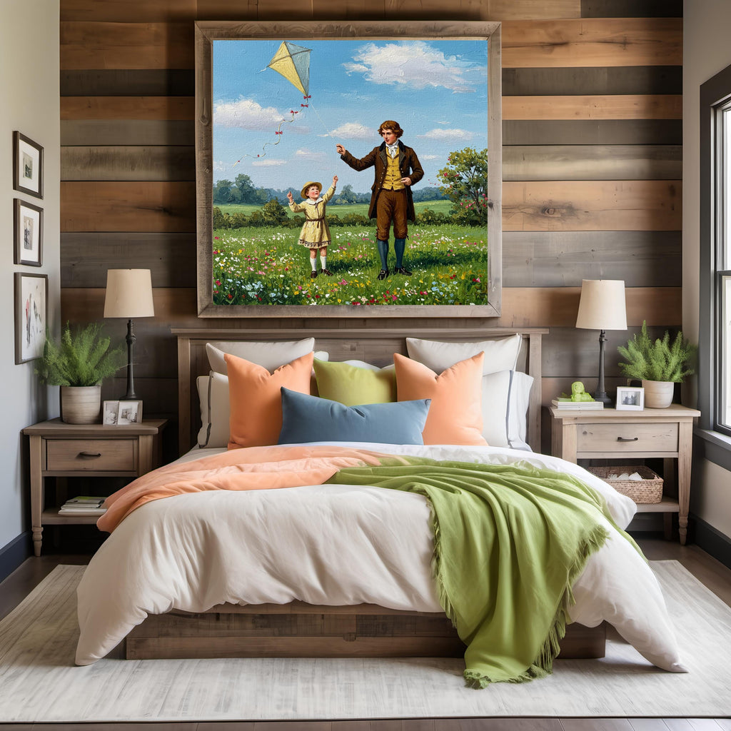 Father and Daughter Kite Print: Vintage Spring Meadow Scene (Digital Download)