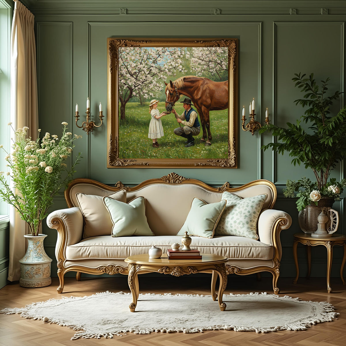 Vintage Father Daughter Horse Painting: Rustic Countryside Wall Art (Digital Download)