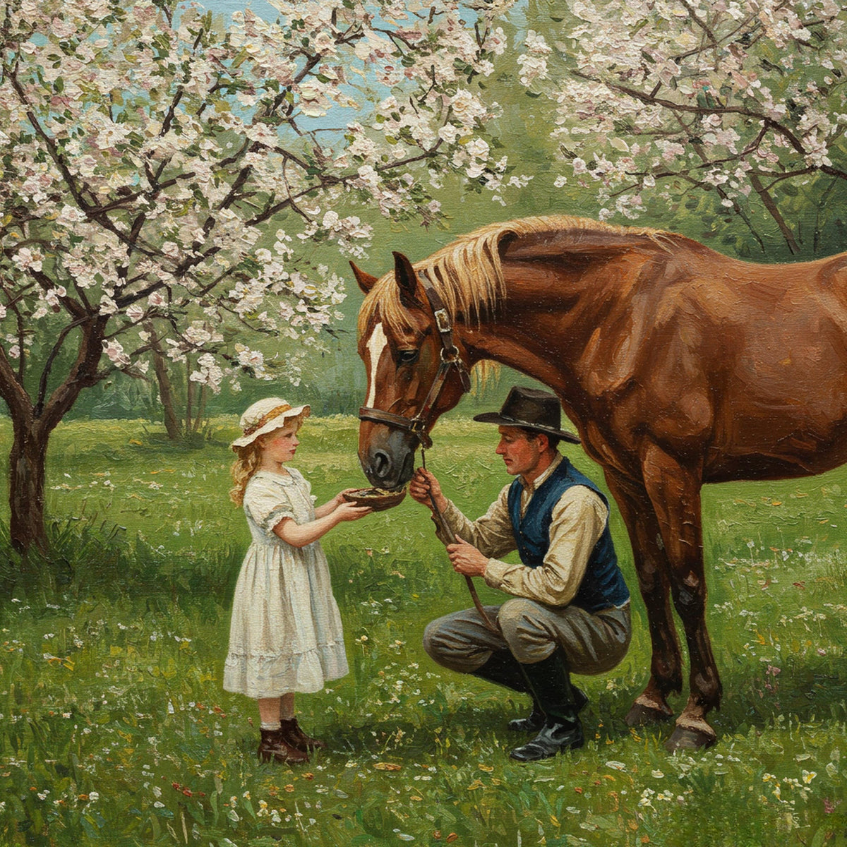Vintage Father Daughter Horse Painting: Rustic Countryside Wall Art (Digital Download)