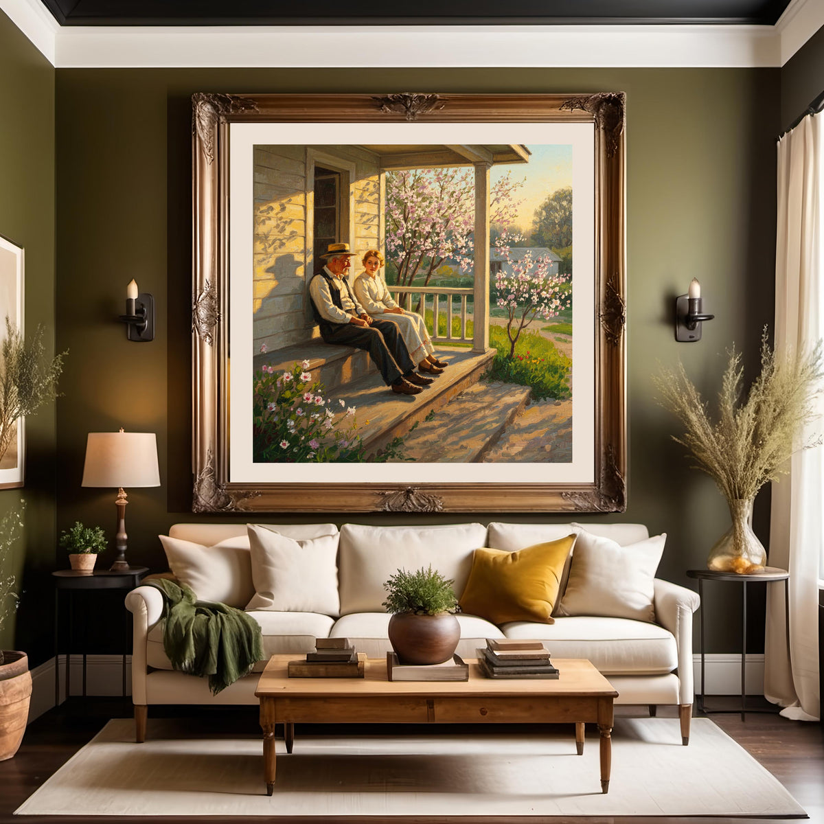 Father & Daughter Porch Print: Golden Hour Spring Blossom Art (Digital Download