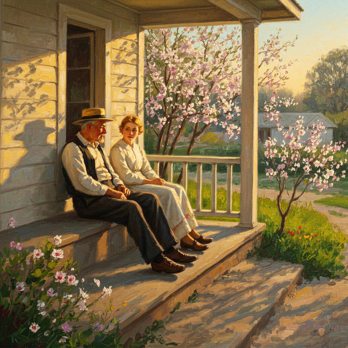 Father & Daughter Porch Print: Golden Hour Spring Blossom Art (Digital Download