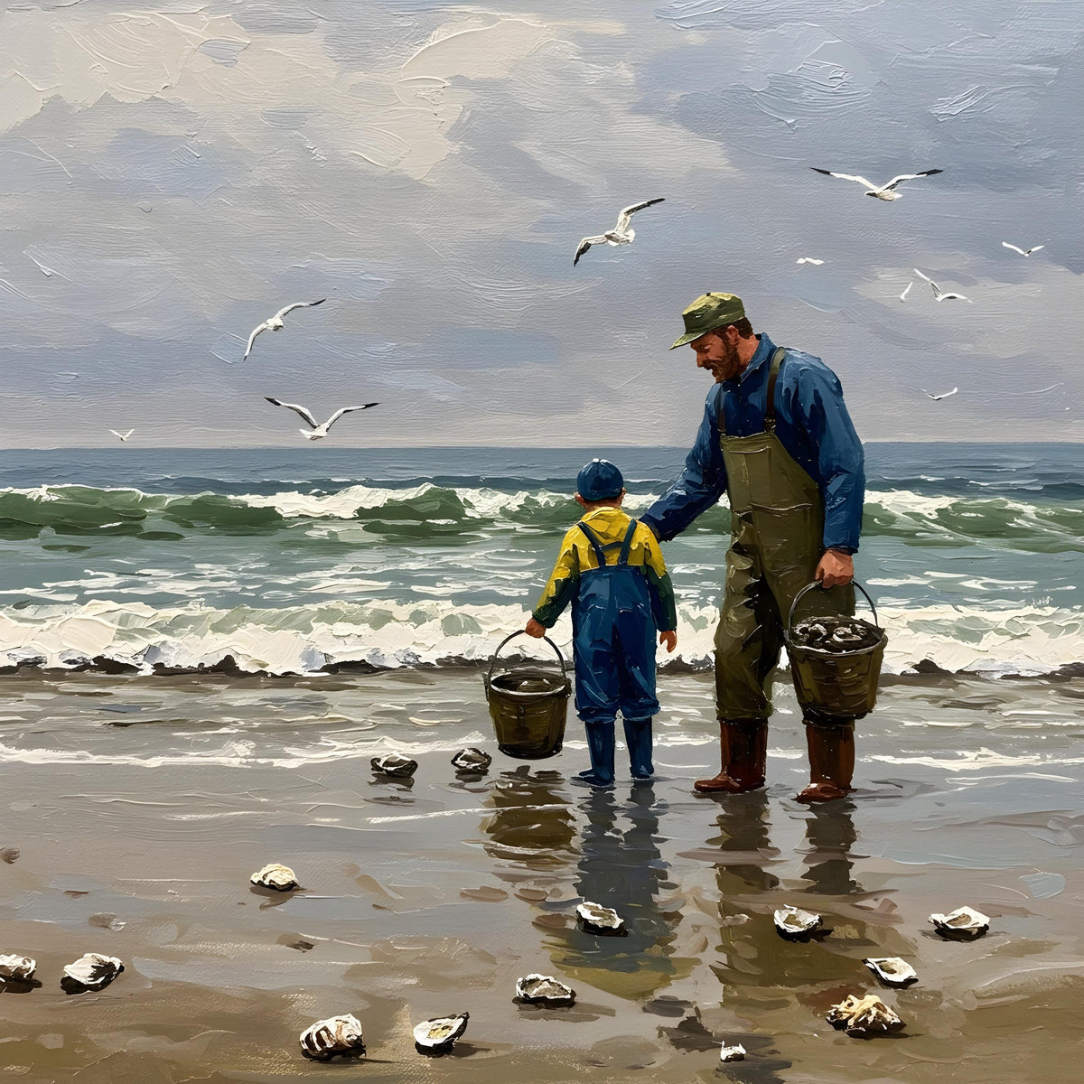 Father & Son Oyster Print: Vintage Coastal Painting (Digital Download)