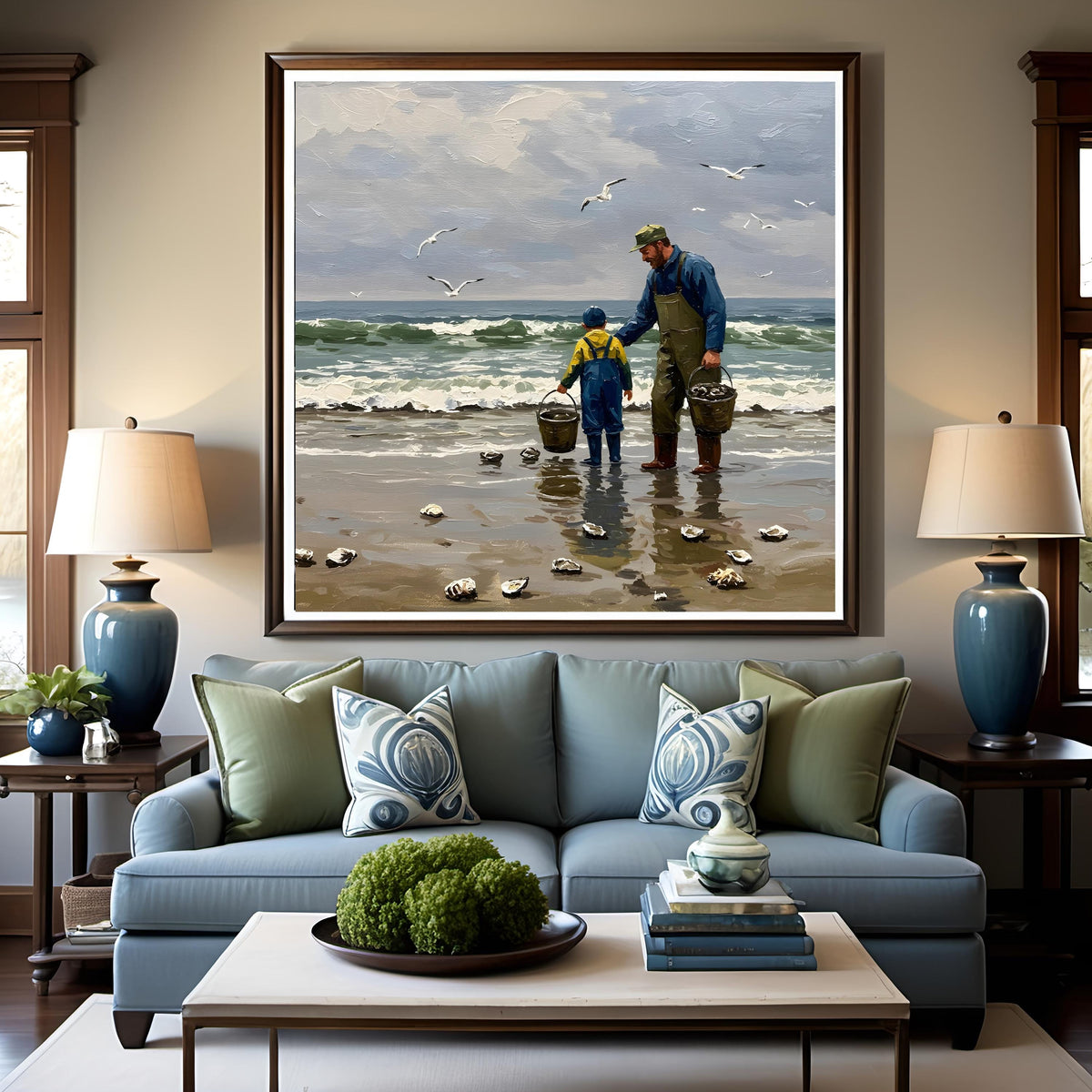 Father & Son Oyster Print: Vintage Coastal Painting (Digital Download)