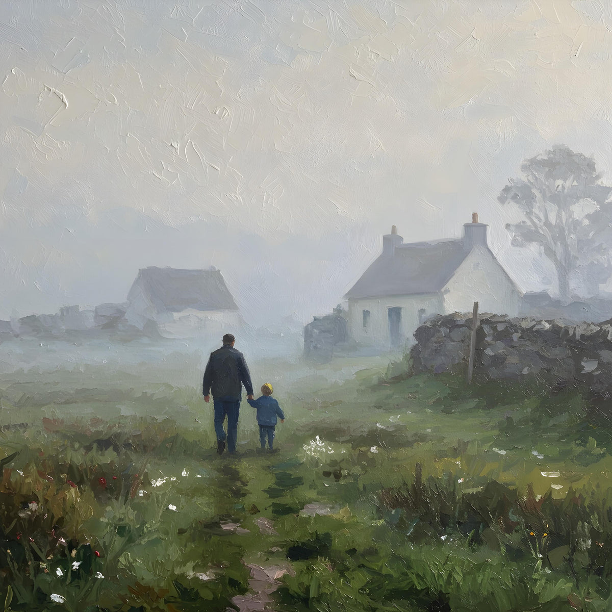 Father & Son Foggy Landscape Art Print: Nostalgic Vintage Painting (Digital Download
