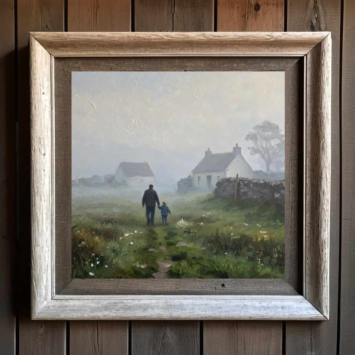 Father & Son Foggy Landscape Art Print: Nostalgic Vintage Painting (Digital Download