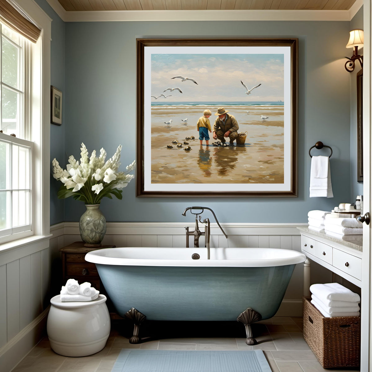 Seaside Grandfather & Grandson Oyster Harvest Painting (Digital Download)