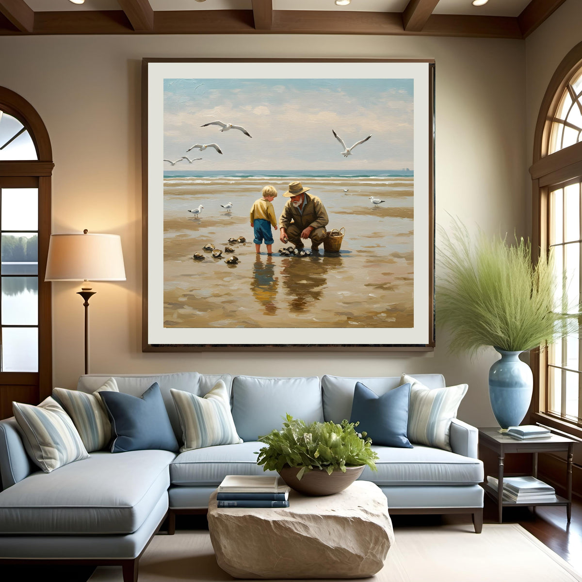 Seaside Grandfather & Grandson Oyster Harvest Painting (Digital Download)