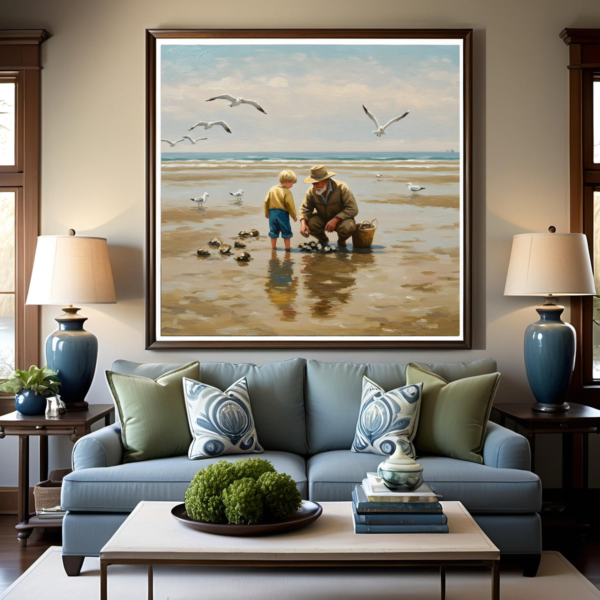Seaside Grandfather & Grandson Oyster Harvest Painting (Digital Download)
