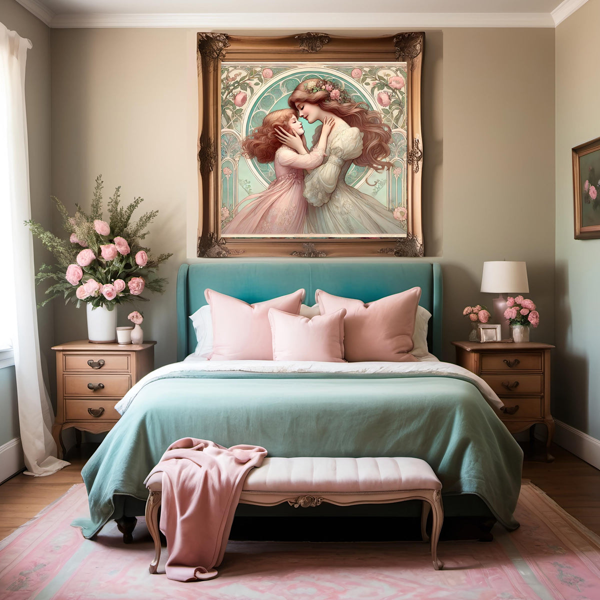 Art Nouveau Mother Daughter Print: Pastel Embrace, Vintage Style (Digital Download)