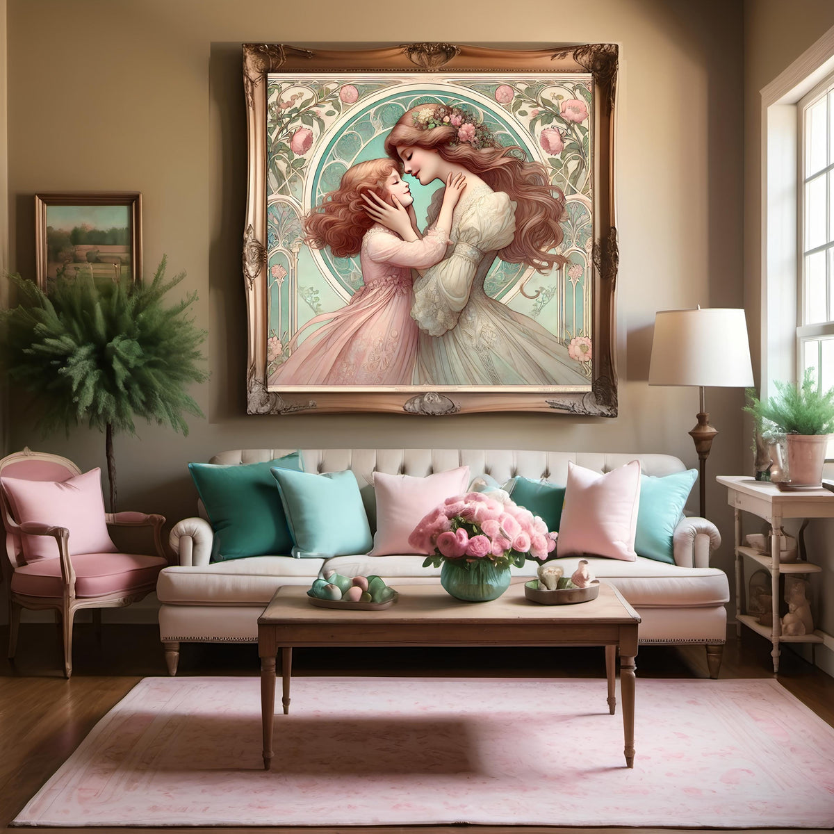 Art Nouveau Mother Daughter Print: Pastel Embrace, Vintage Style (Digital Download)