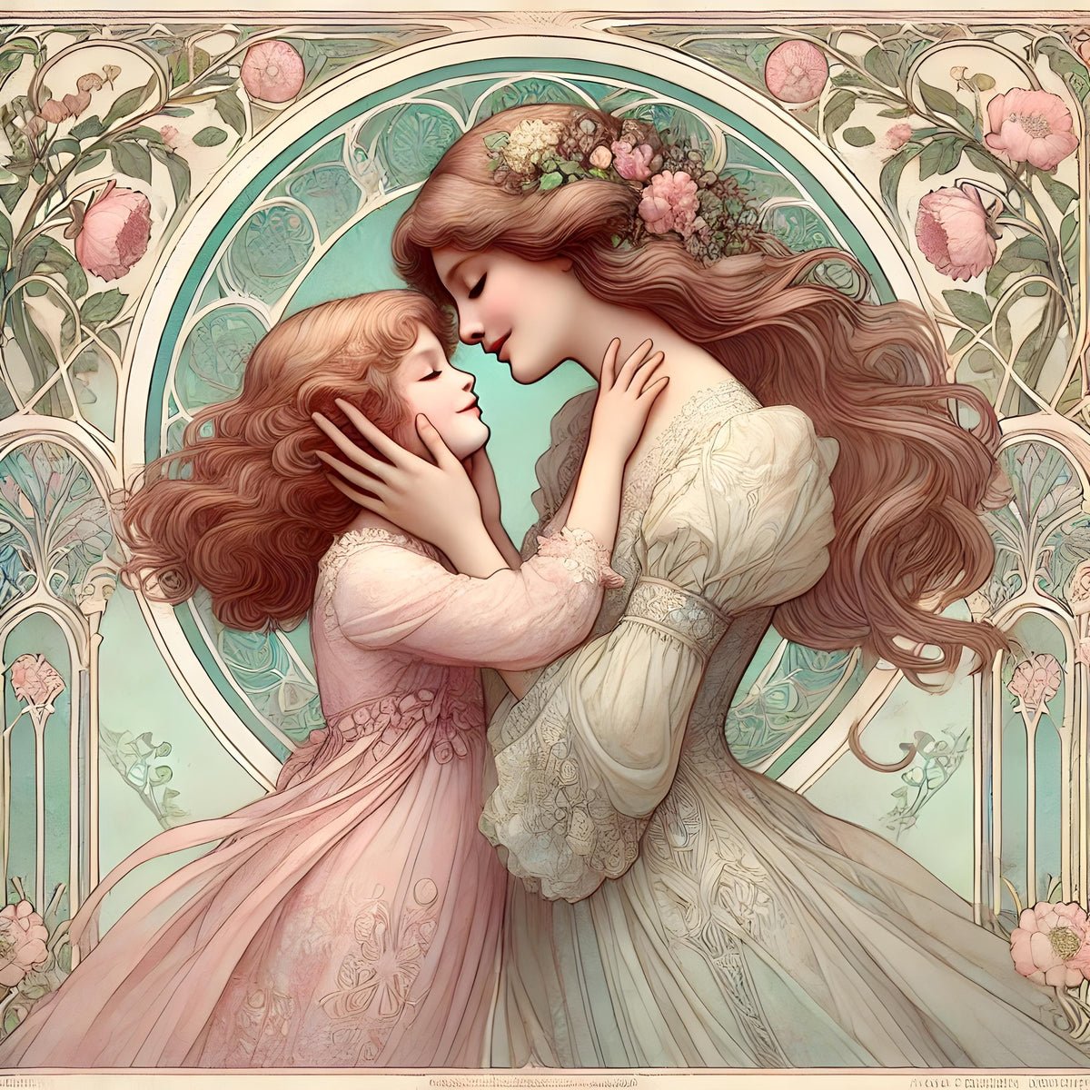 Art Nouveau Mother Daughter Print: Pastel Embrace, Vintage Style (Digital Download)