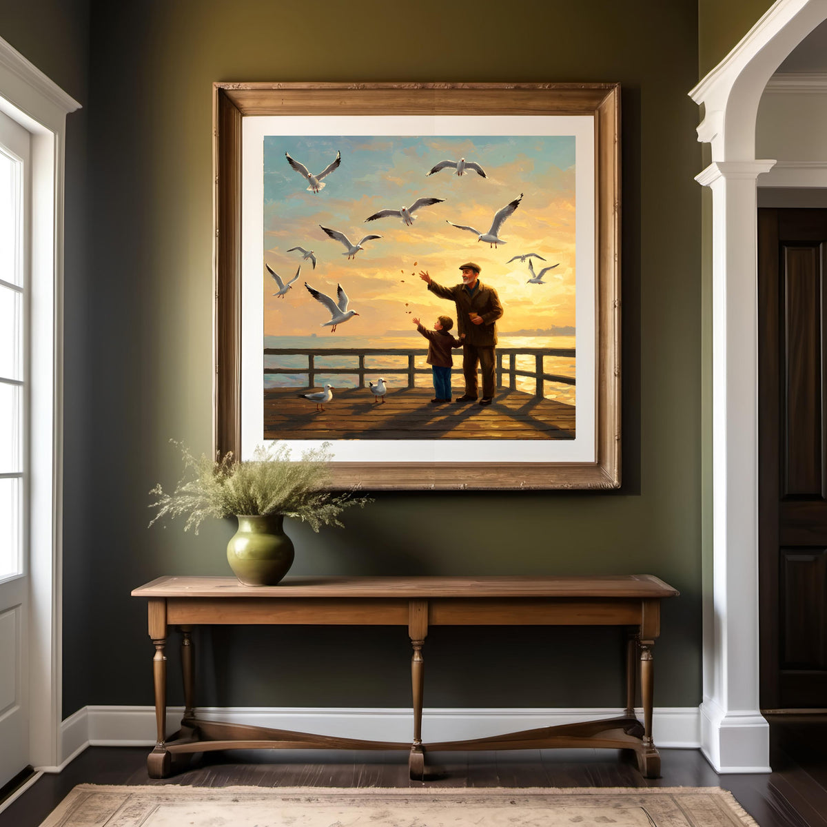 Seagull Sunset Print: Grandfather & Grandson Pier Art (Digital Download)