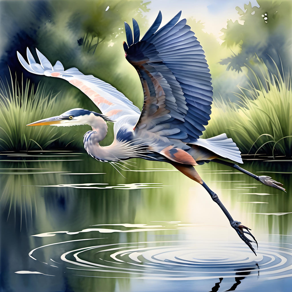 Blue Heron in Flight Art Print: Serene Lake Scene (Digital Download) 2