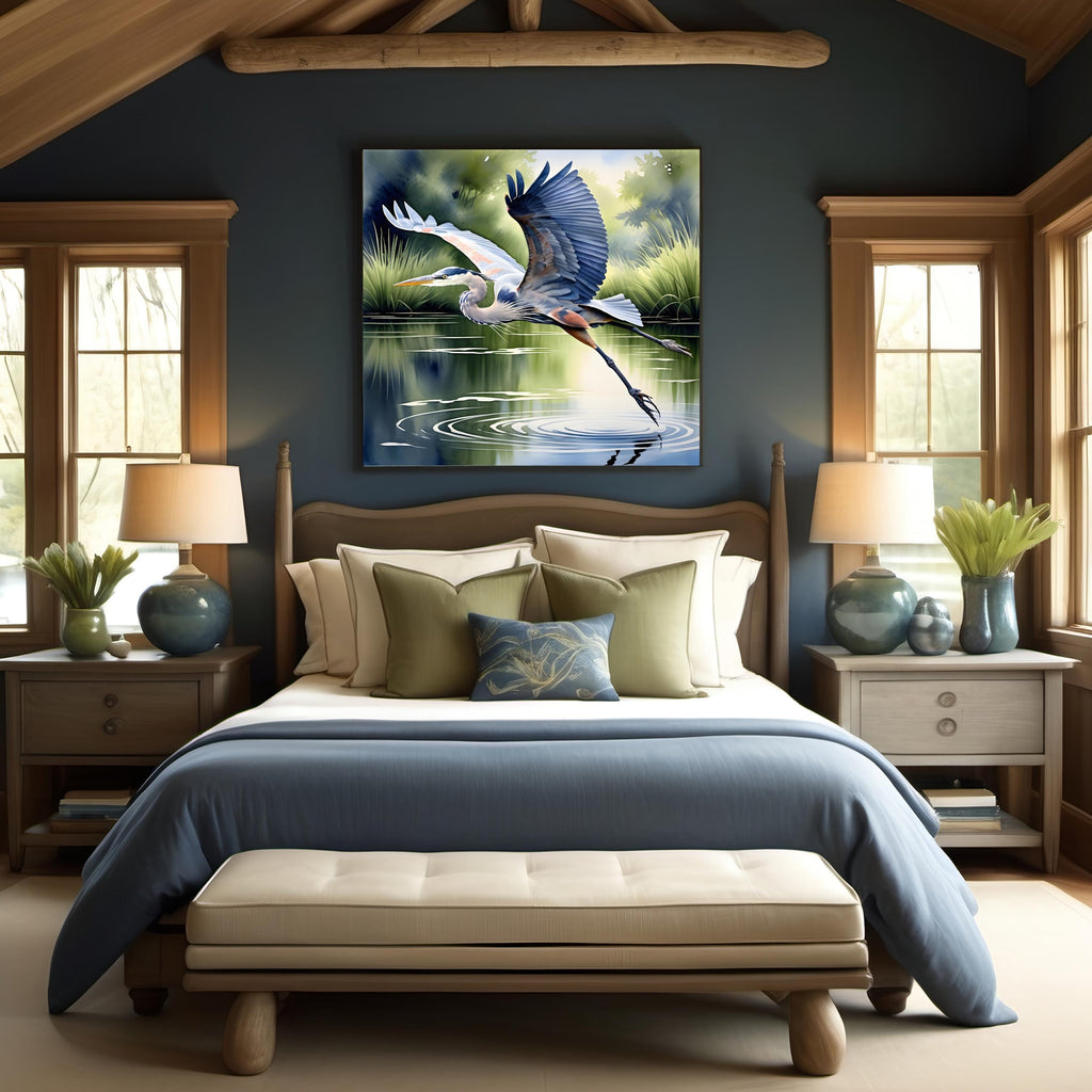 Blue Heron in Flight Art Print: Serene Lake Scene (Digital Download) 2