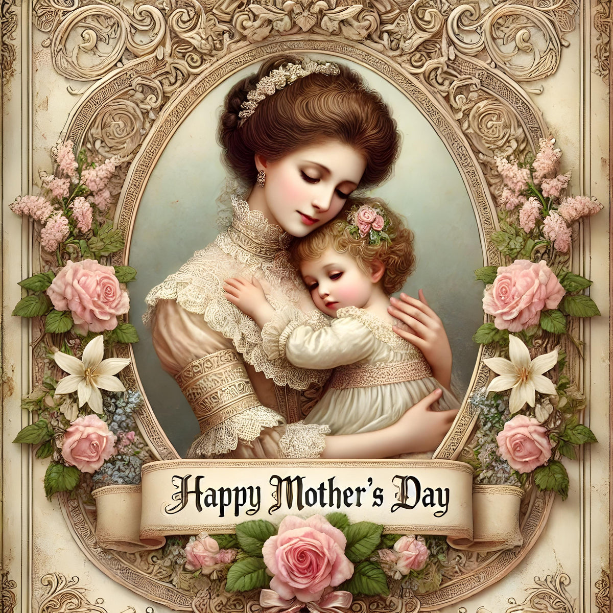 Victorian Mother's Day Art Print: Mother and Child, Floral Lace (Digital Download)