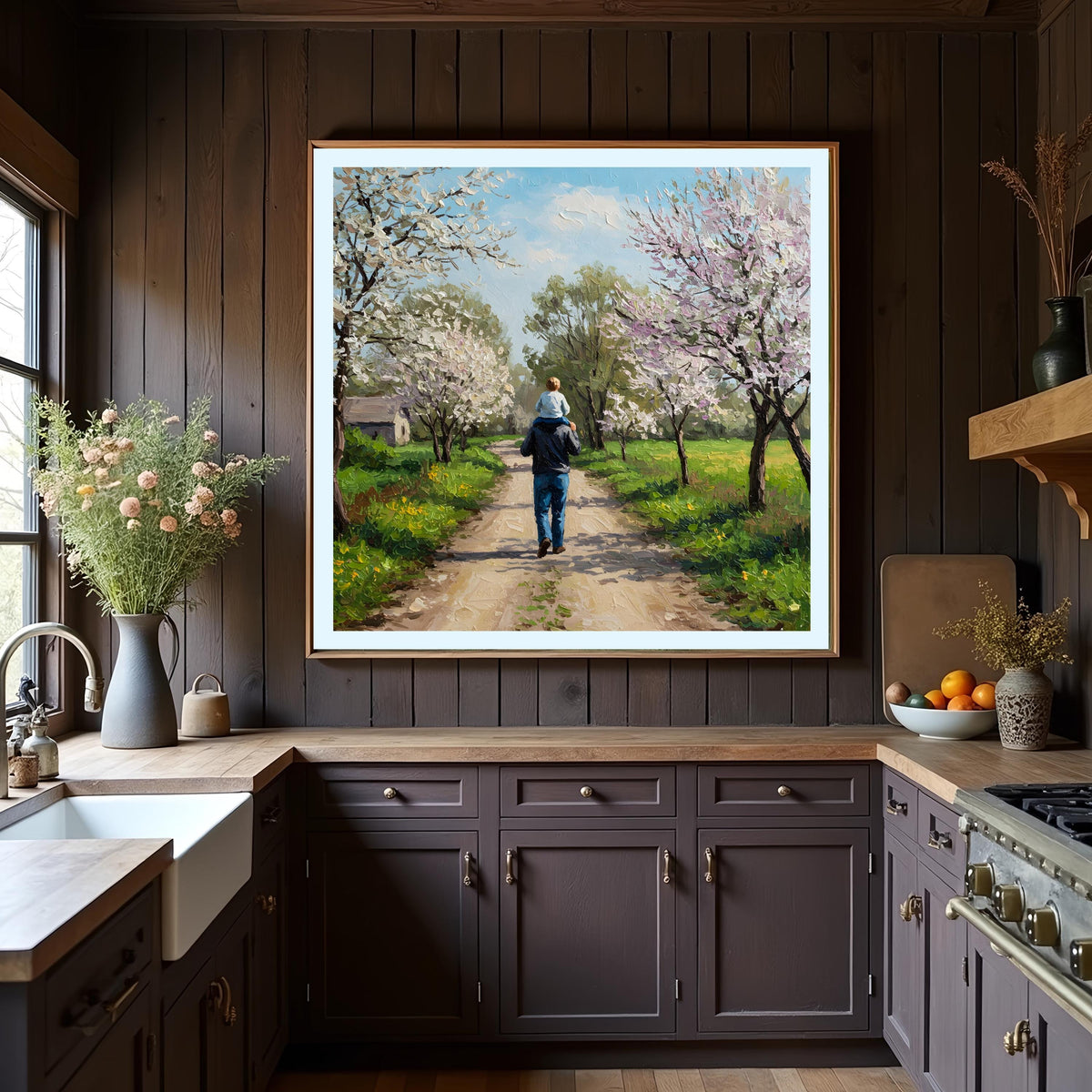 Father and Son Spring Walk Art Print: Vintage Countryside Scene (Digital Download)