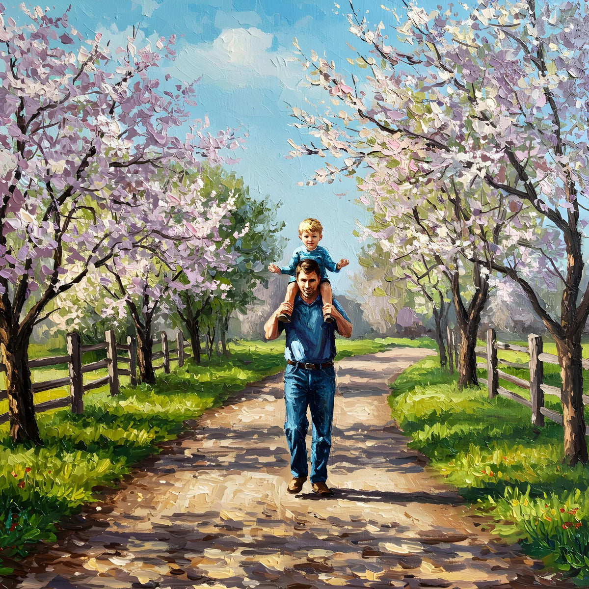 Father & Son Spring Walk Painting: Vintage Style Art Print (Digital Download)