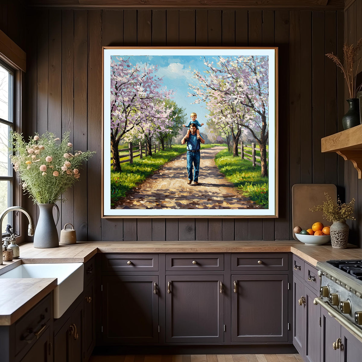 Father & Son Spring Walk Painting: Vintage Style Art Print (Digital Download)