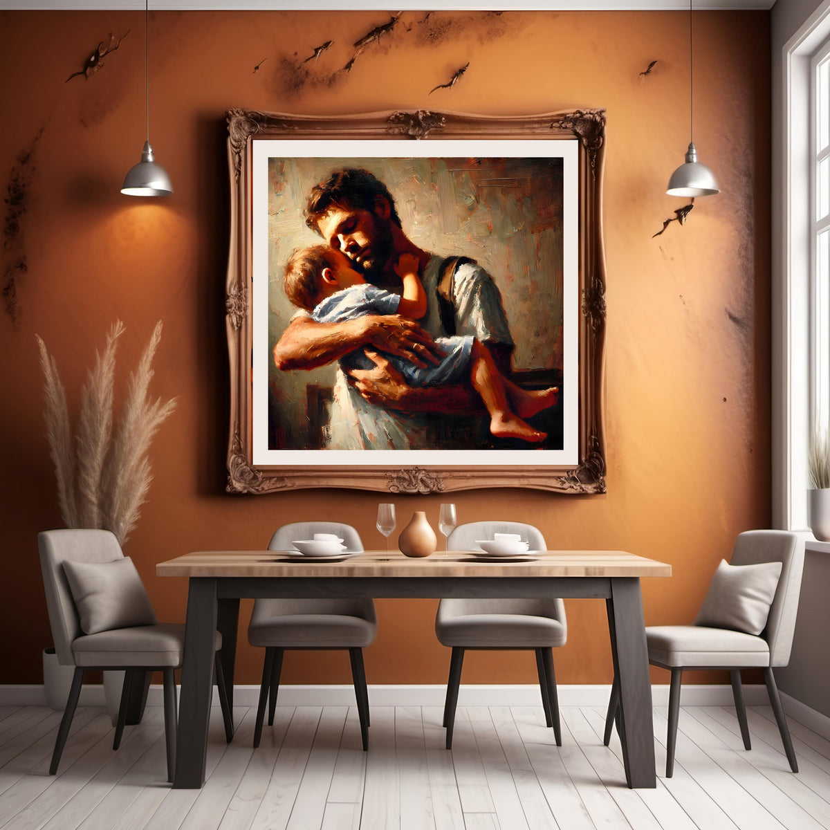 Father and Child Embrace Art: Rustic Painterly Print (Digital Download)