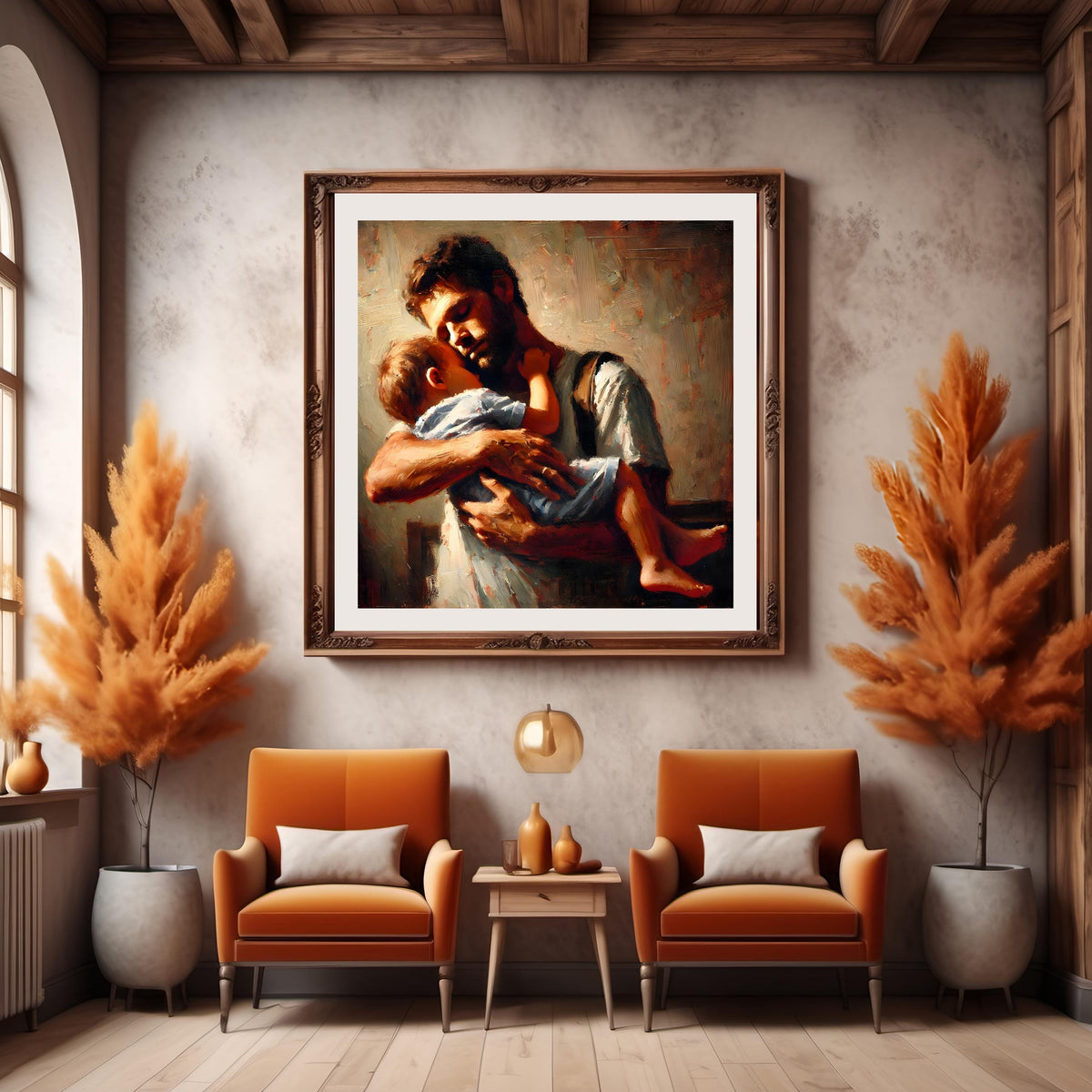Father and Child Embrace Art: Rustic Painterly Print (Digital Download)