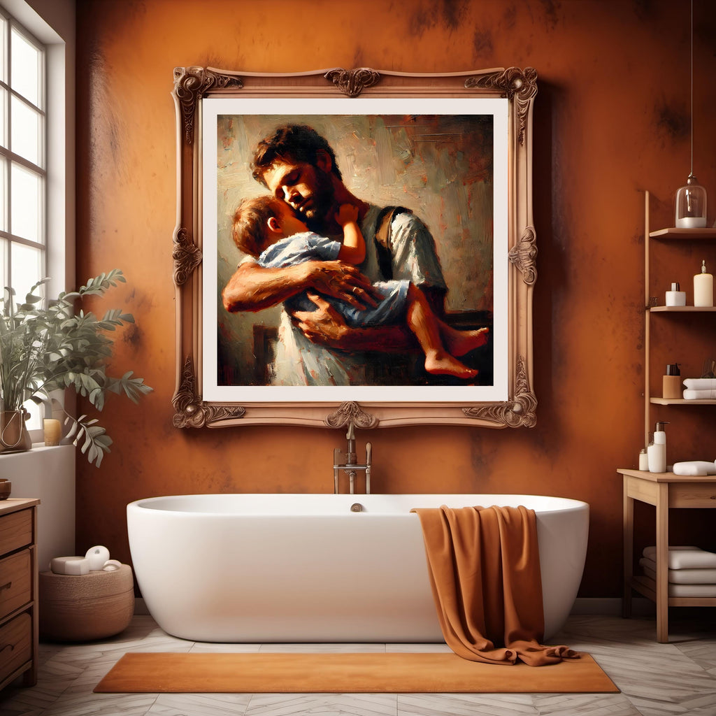 Father and Child Embrace Art: Rustic Painterly Print (Digital Download)