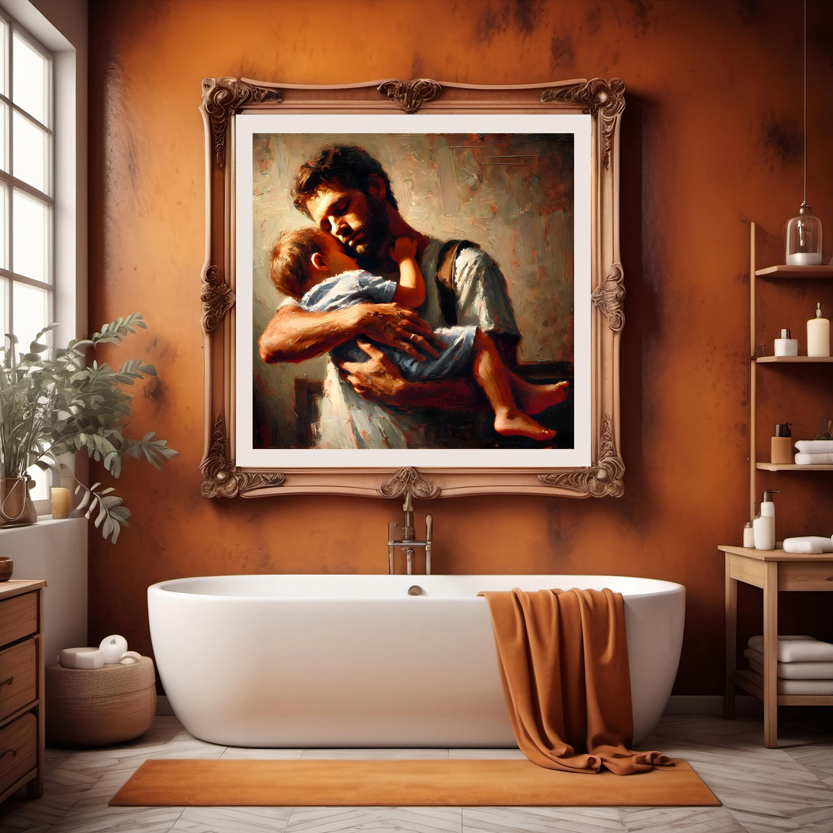 Father and Child Embrace Art: Rustic Painterly Print (Digital Download)