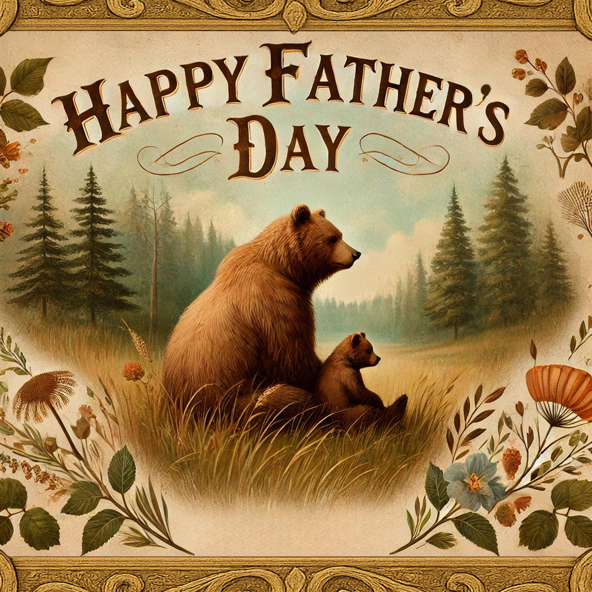 Vintage Father's Day Bear Print: Rustic Forest Scene (Digital Download, 30x30 inches